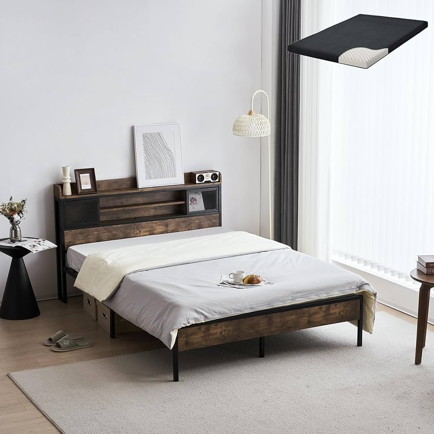 ベッドフレーム +10cmマットレス付き シングルベッド 幅98cm/幅126cm/幅146cm コンセント付き/収納付き/棚付き/宮棚 下収納  パイプ スチール シングルベッド/ダブルベッド 耐荷重120kg (幅140.5CMベッドフレーム +10cm厚さマットレス付き)